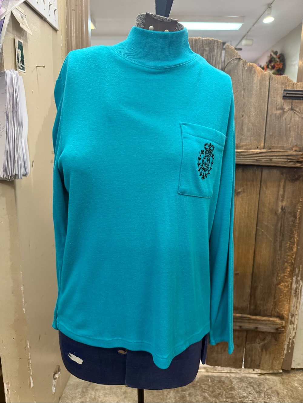 White Stag Teal Mock Neck Long Sleeve Top with Chest Pocket Emblem